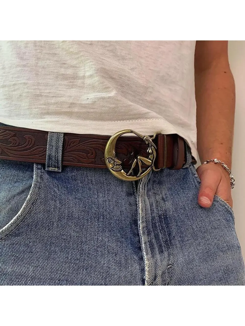Half moon and Woman belt buckle brown belt. 44 inches length